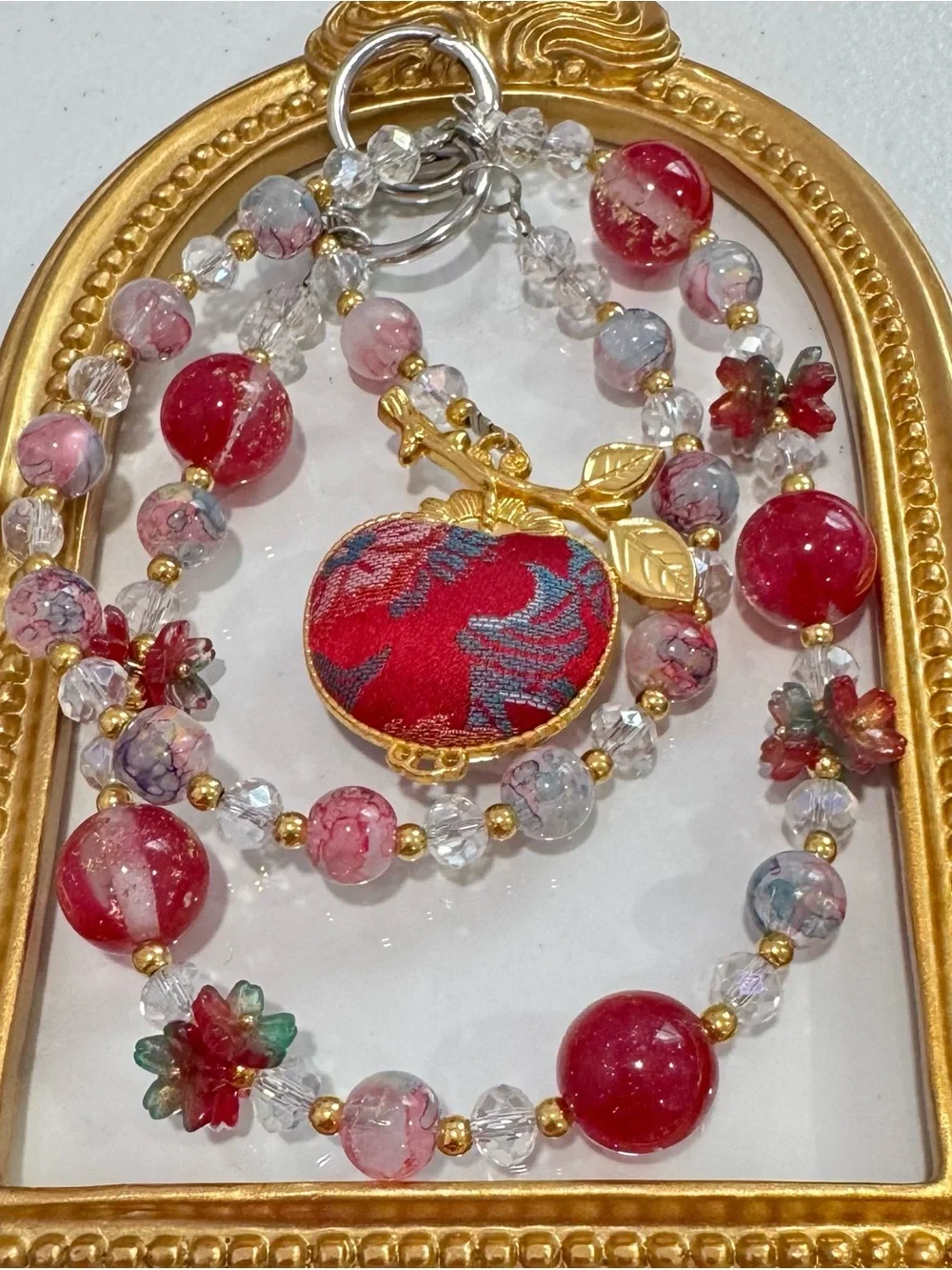 New Red Floral Beaded Phone Chain with Gold Accents